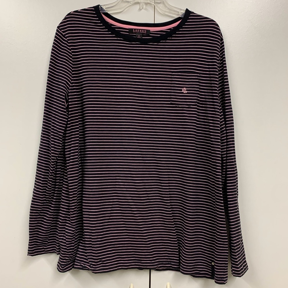 NWOT Lauren Pink Ralph Lauren Long Sleeve Pink and Black Stripe Top - sz 2X